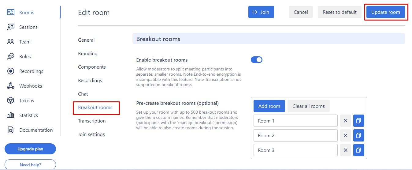 Breakout rooms - Digital Samba