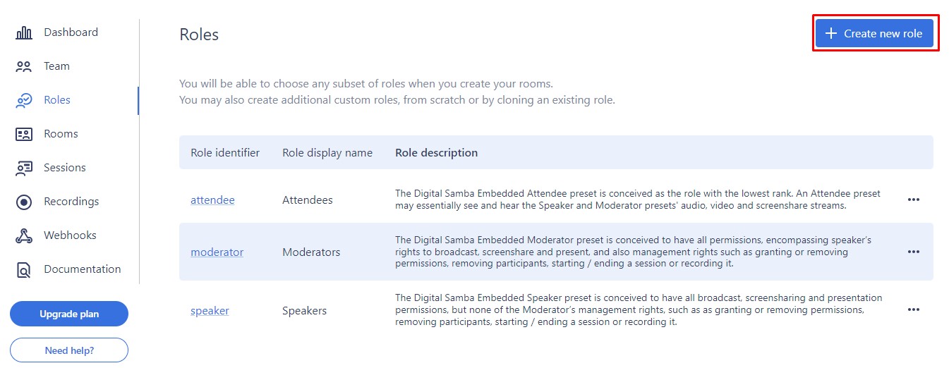 Create new role - Digital Samba