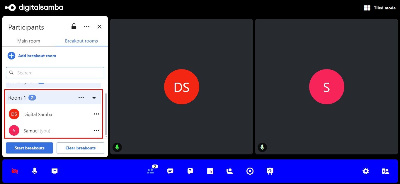 The Start breakouts button to launch the breakout session - Digital Samba